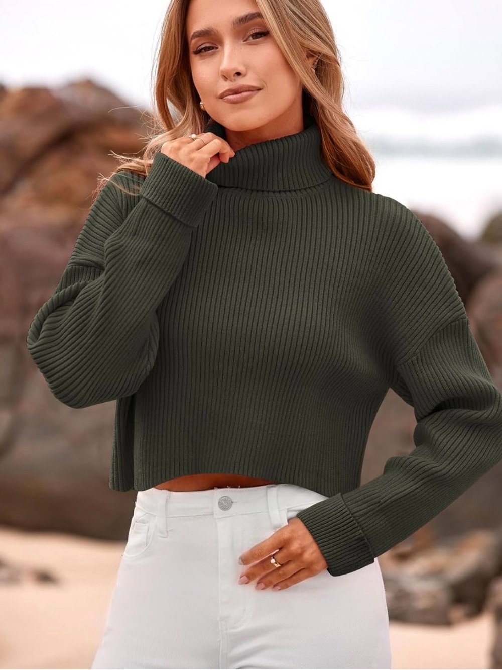 NWT Cropped Rib-Knit Turtleneck Sweater - Dark Olive long sleeve size XL